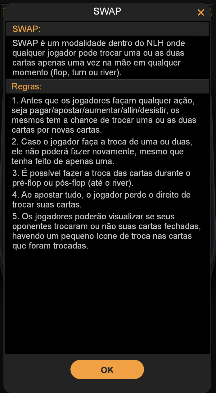 Regras oficiais do Swap NLH na Suprema Poker